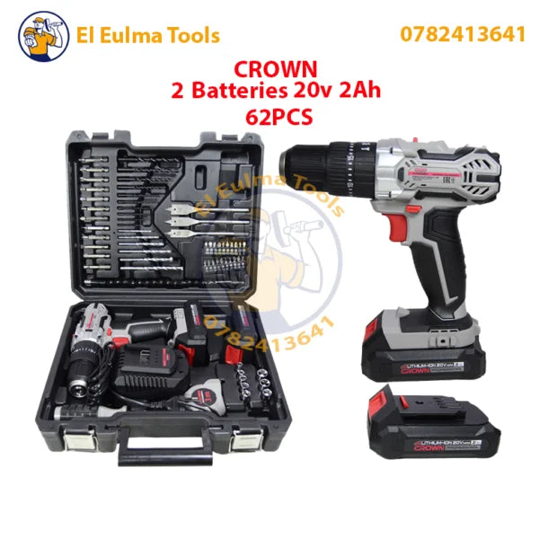 🔧 مفك دقاق لاسلكي CROWN 20V مع طقم أدوات 62 قطعة – القوة والاحترافية في متناول يدك!